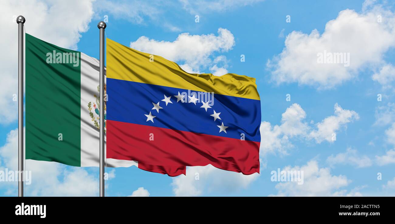 Mexico and Venezuela flag waving in the wind against white cloudy blue ...