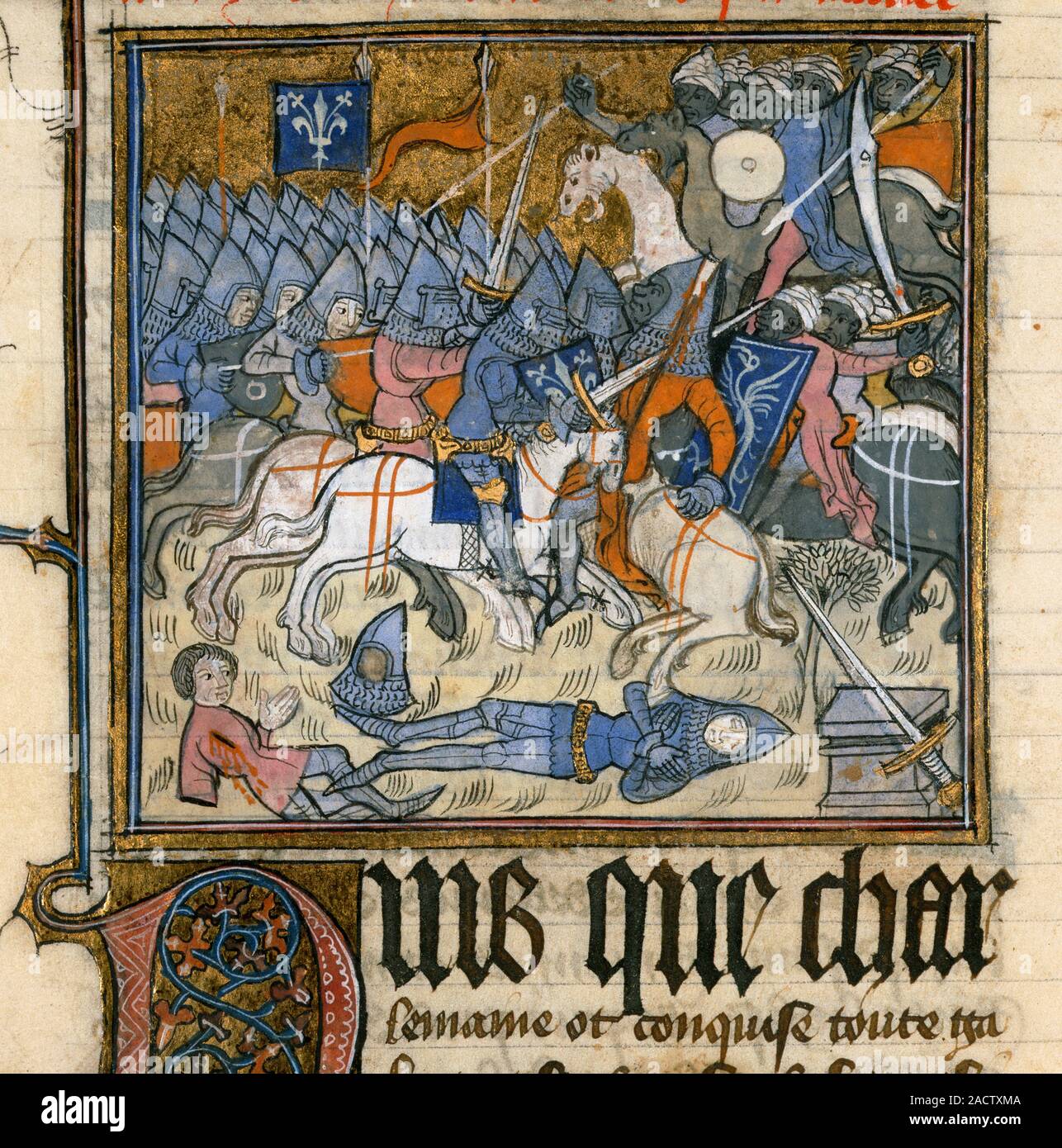 Manuscript illustration of knights in battle on horseback. Cavalry ...