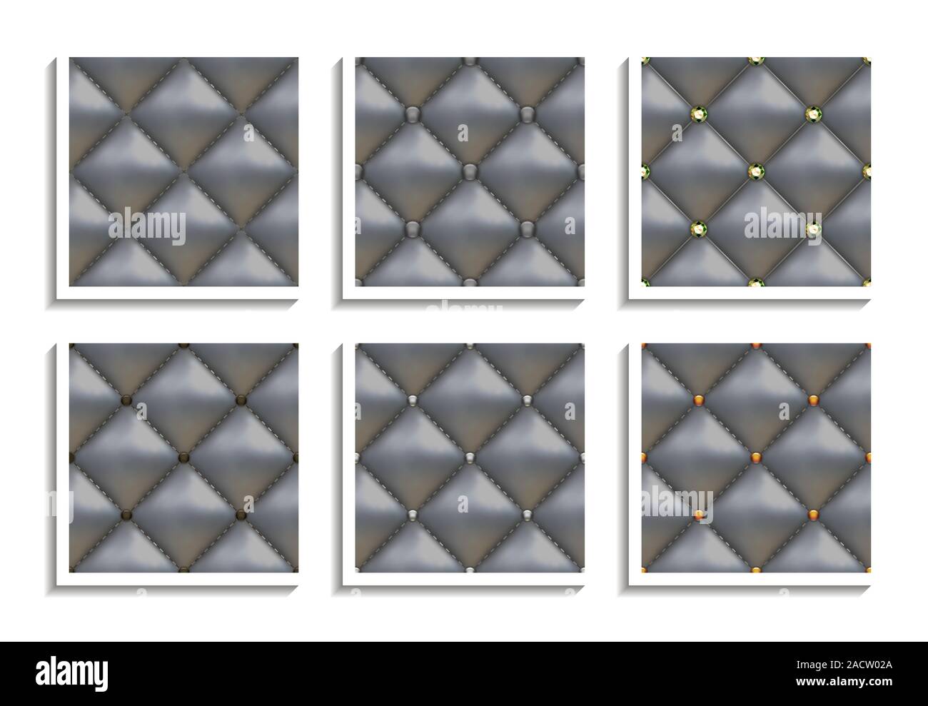 Seamless vector patterns of gray leather upholstery with gold, silver, diamond buttons. Luxury textures of vintage furniture Stock Vector