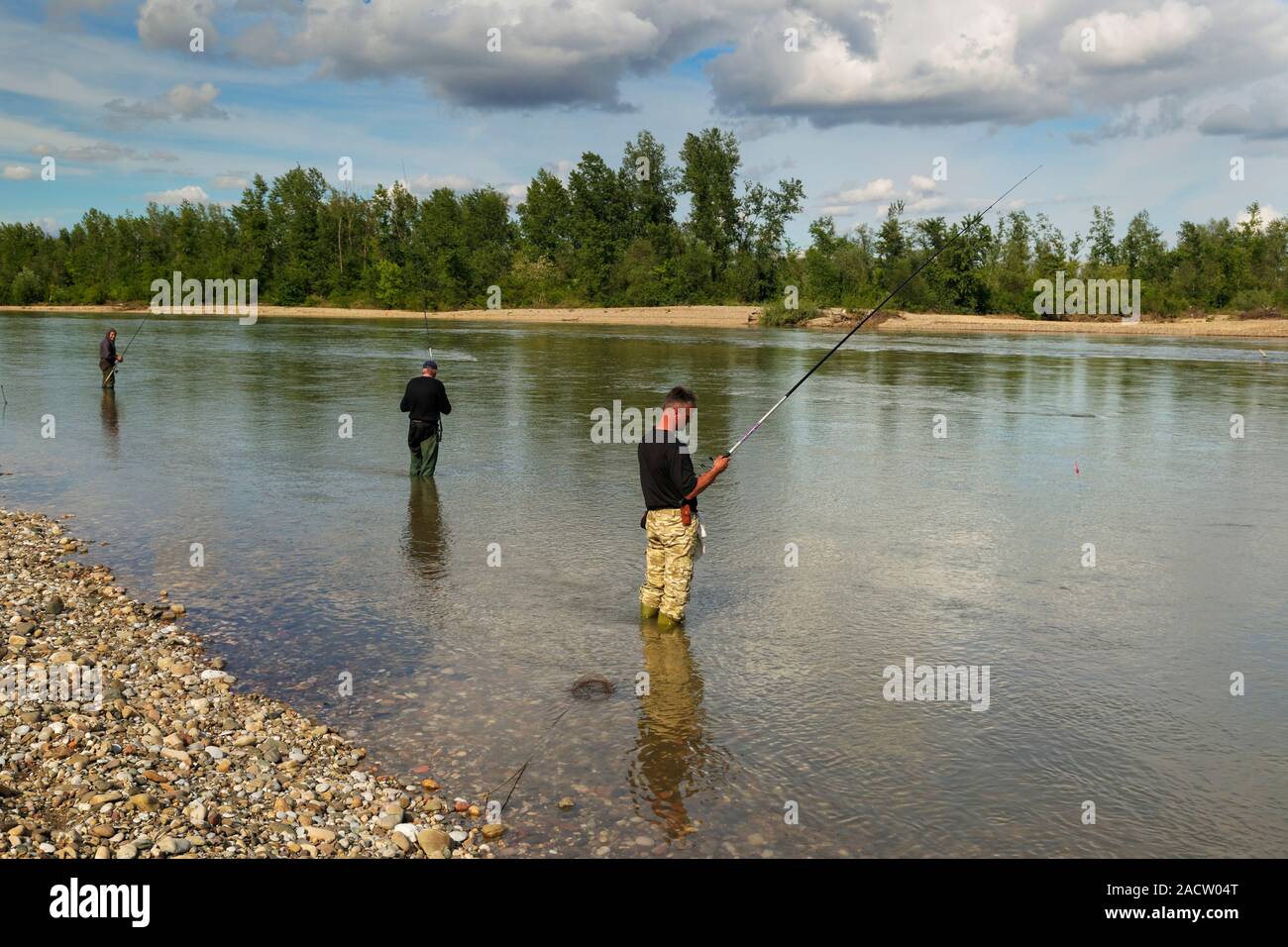 Fishermen on the Drina river between Serbia and Bosnia and Herzegovina Stock Photo