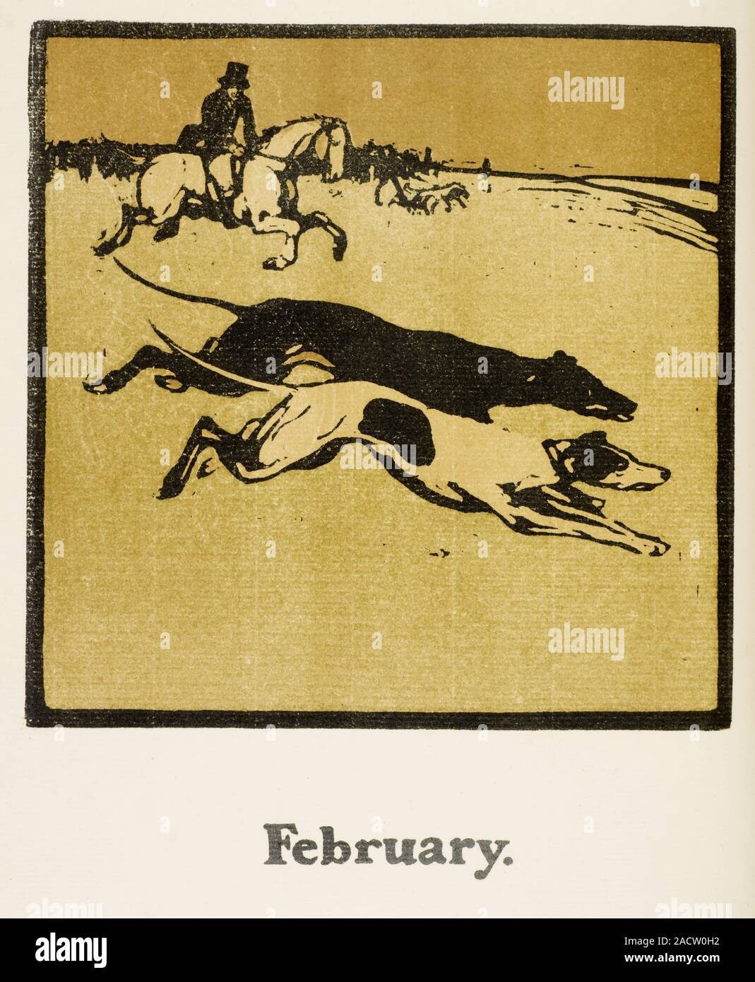 February Hunting with dogs. A horseman and pack of dogs. Image from a sporting calendar. December. Image from a sporting calendar. December. Illustrat Stock Photo