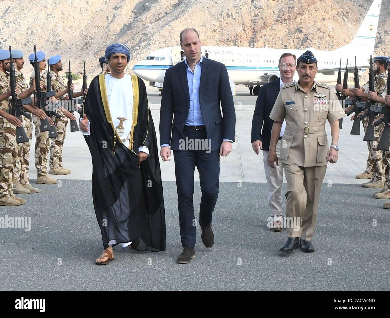 The Duke of Cambridge (centre) arrives at Khasab Airport, Oman, as part of his tour of Kuwait and Oman. PA Photo. Picture date: Tuesday December 3, 2019. See PA story ROYAL Tour. Photo credit should read: Tim Rooke/PA Wire Stock Photo