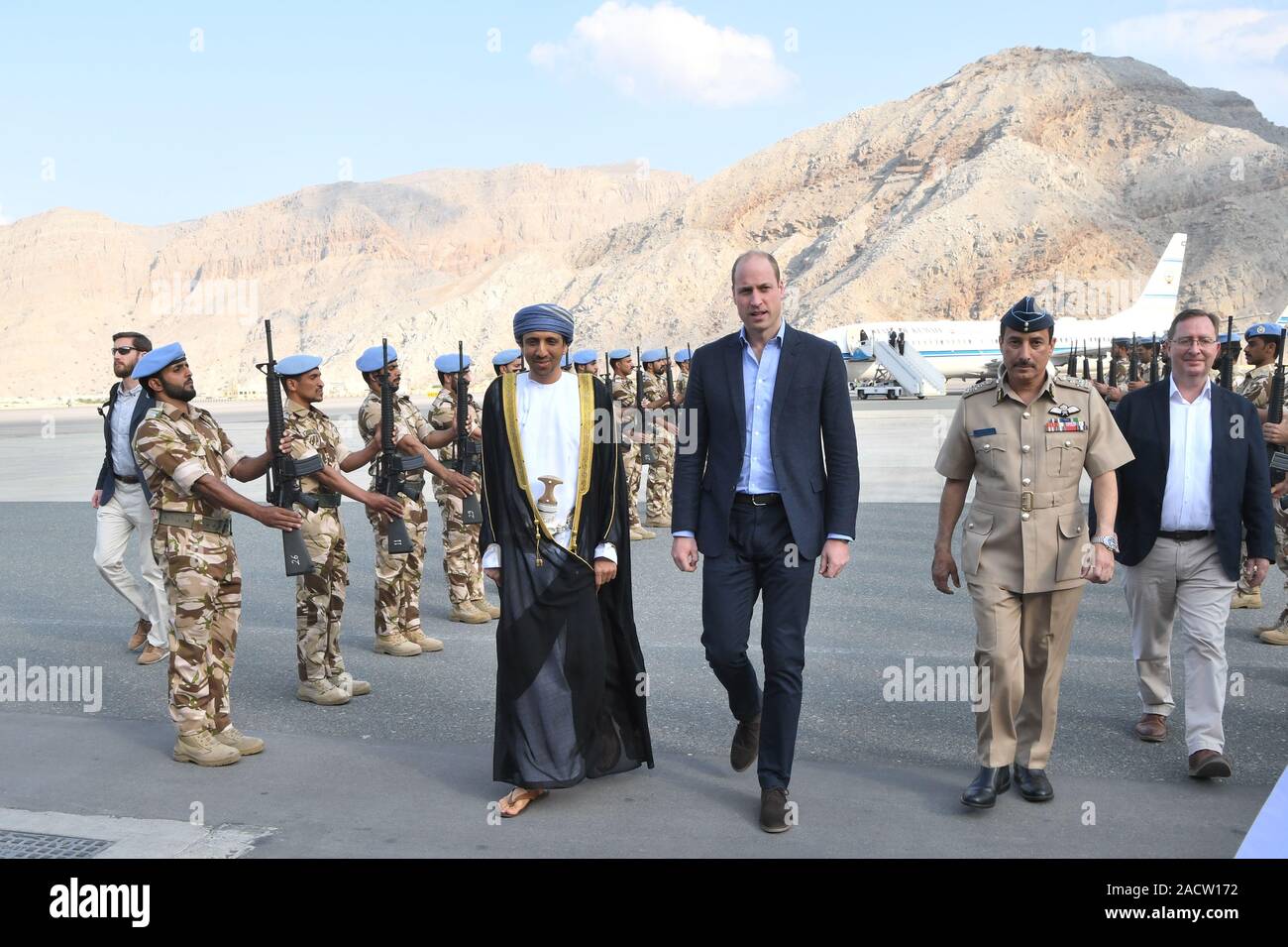 The Duke of Cambridge arrives at Khasab Airport, Oman, as part of his tour of Kuwait and Oman. PA Photo. Picture date: Tuesday December 3, 2019. See PA story ROYAL Tour. Photo credit should read: Tim Rooke/PA Wire Stock Photo