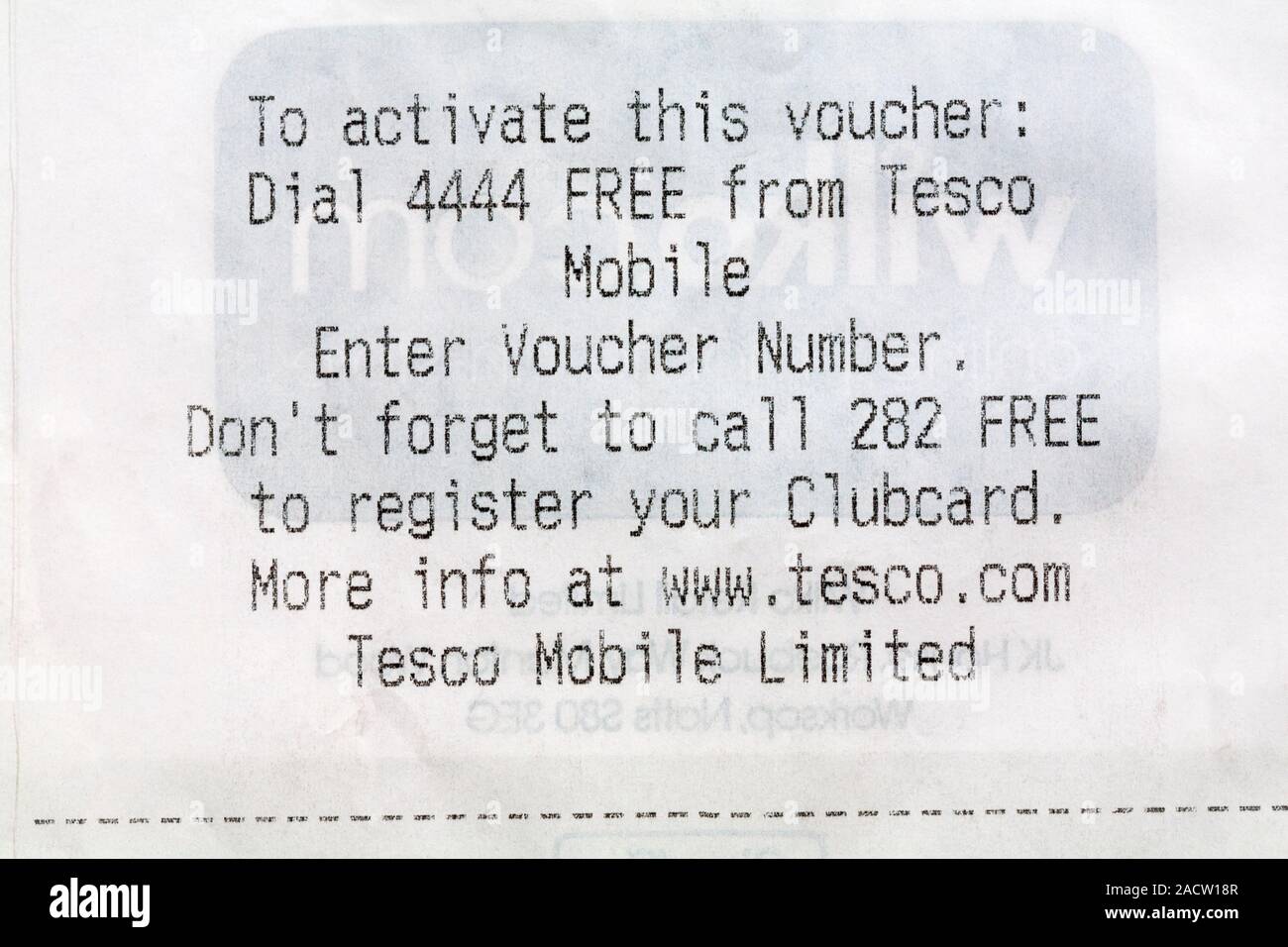 activate this dial 4444 free Tesco Mobile - details on receipt voucher Photo - Alamy