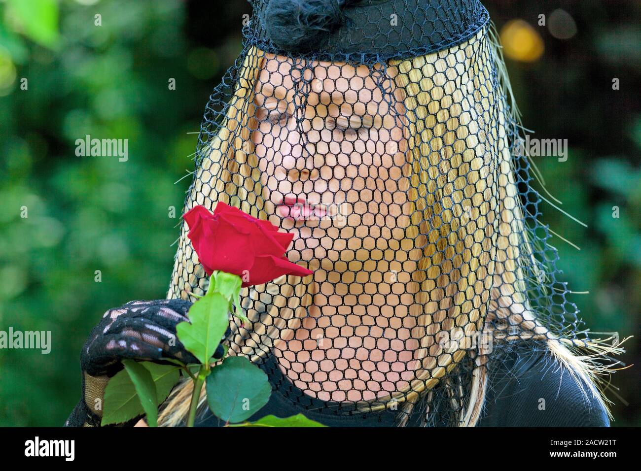 Widow with veil and rose Stock Photo