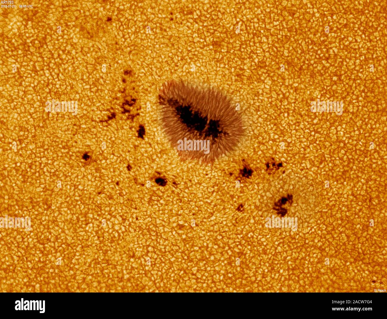 Sunspots (dark areas) on the surface of the Sun. Sunspots are areas of
