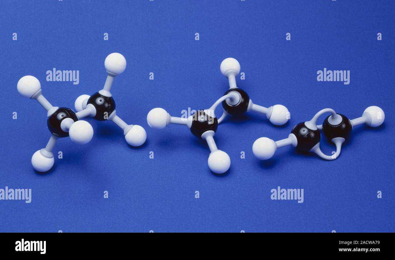 Ethane, ethene and ethyne molecules. Molecular models of ethane (C2H6