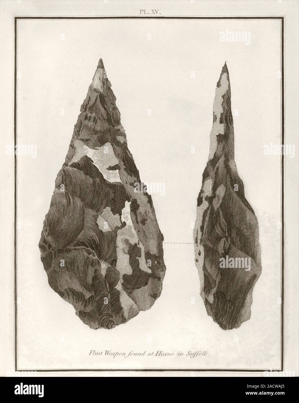 Hoxne handaxe. 19th-century artwork of a frontal and side view of the ...