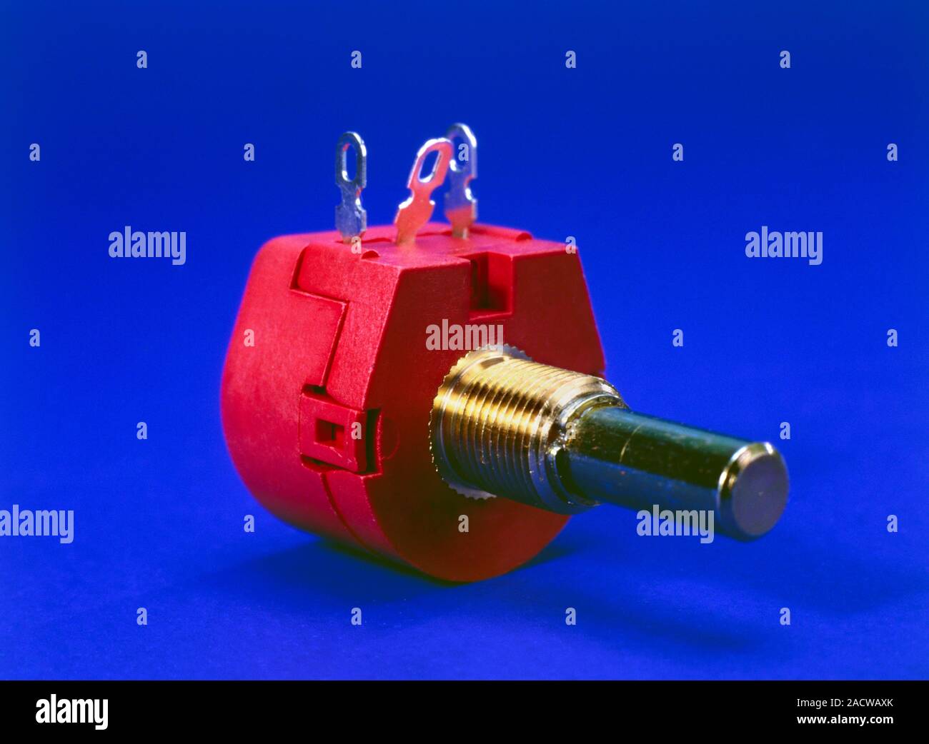 Potentiometer. This is a type of variable resistor. Rotating the shaft