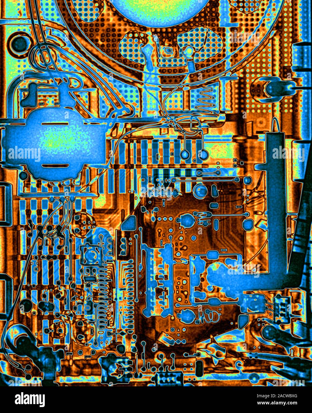 Radio circuit board, coloured X-ray. Stock Photo