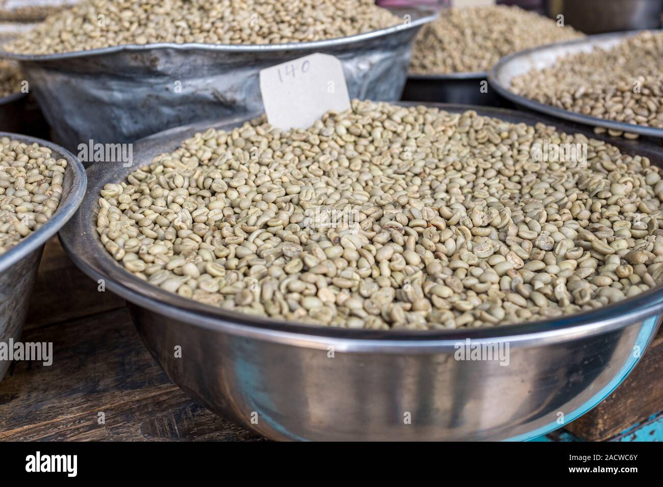 Green unroasted coffee beans for sale at Shola market in Addis Ababa