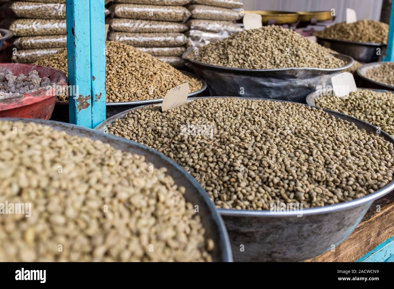 Green unroasted coffee beans for sale at Shola market in Addis Ababa