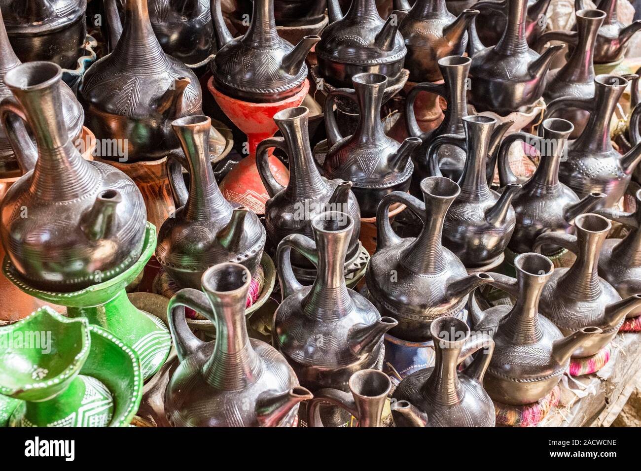 Ethiopian coffee pots (Jebena) for sale in Shola market in Addis Ababa, Ethiopia Stock Photo