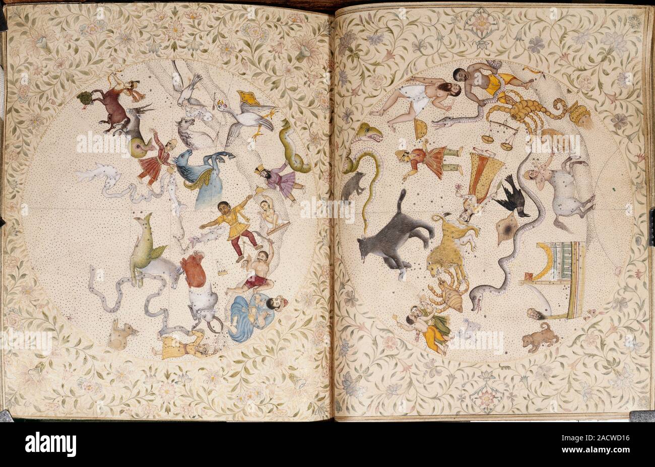 Various figures representing the Signs of the Zodiac. This manuscript synthesizes knowledge of astronomy and includes accounts of the Hindu Islamic an Stock Photo
