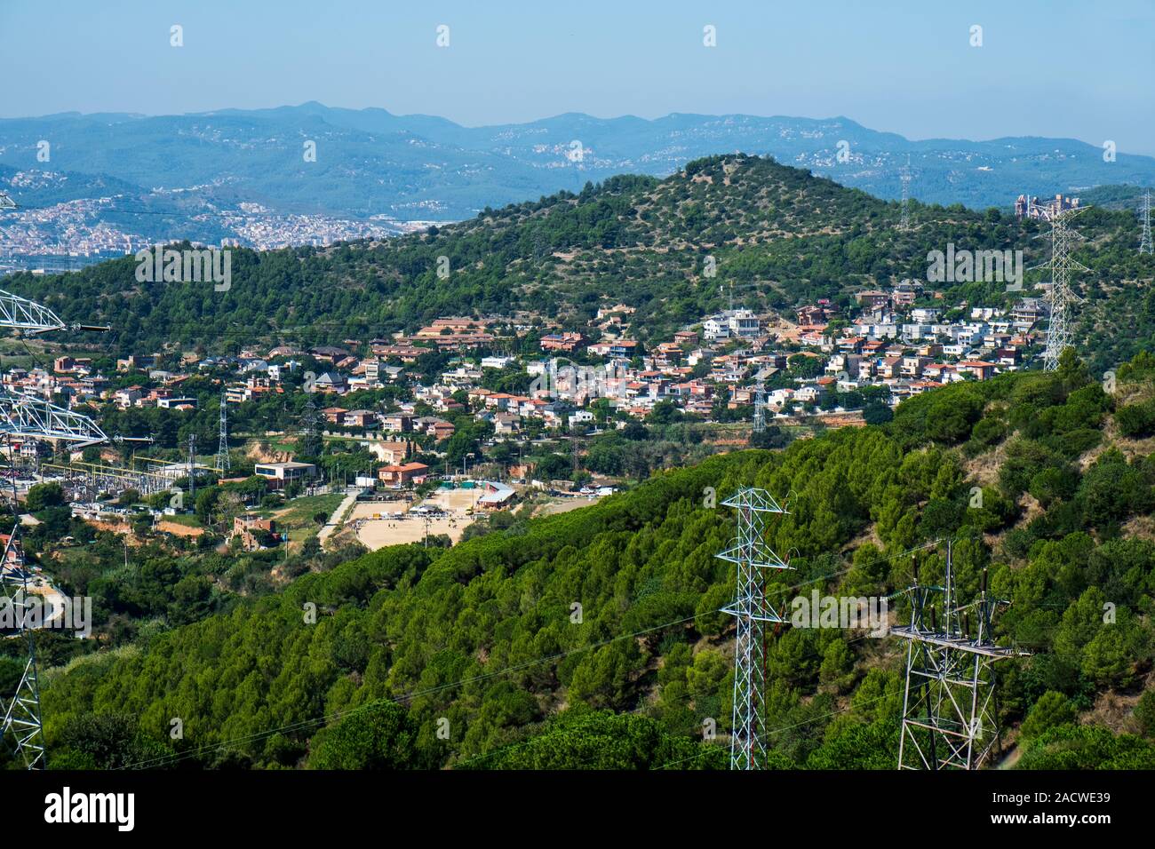 an aerial view over the Ciutat Diagonal district, in Esplugues de Llobregat, Spain, seen from a hill at Sant Pere Martir Stock Photo