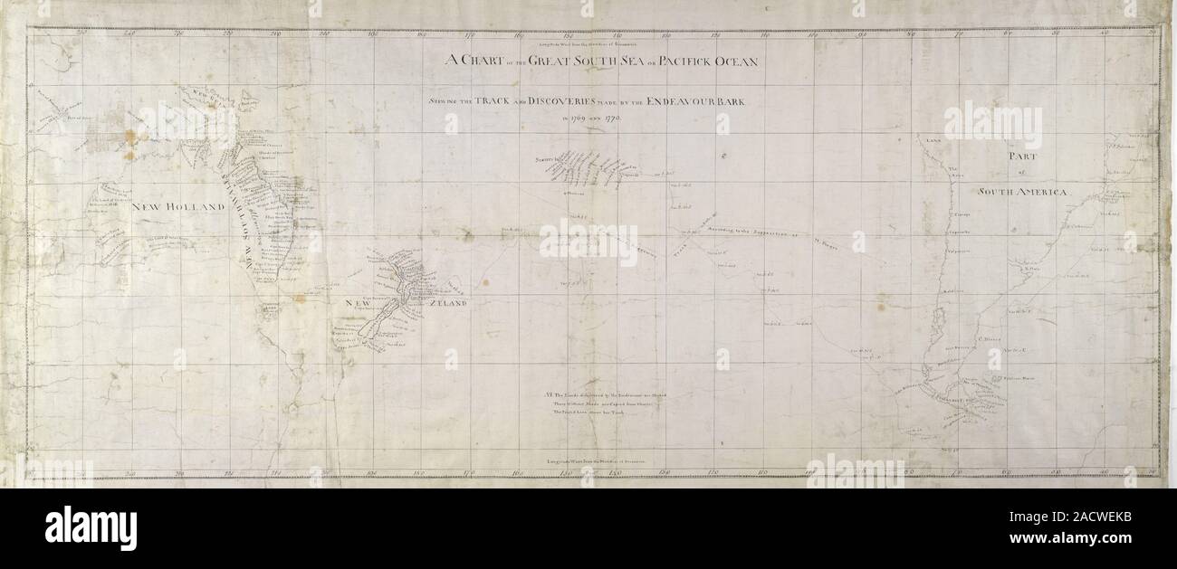 Chart of the South Pacific Ocean showing the route of the Endeavour ...
