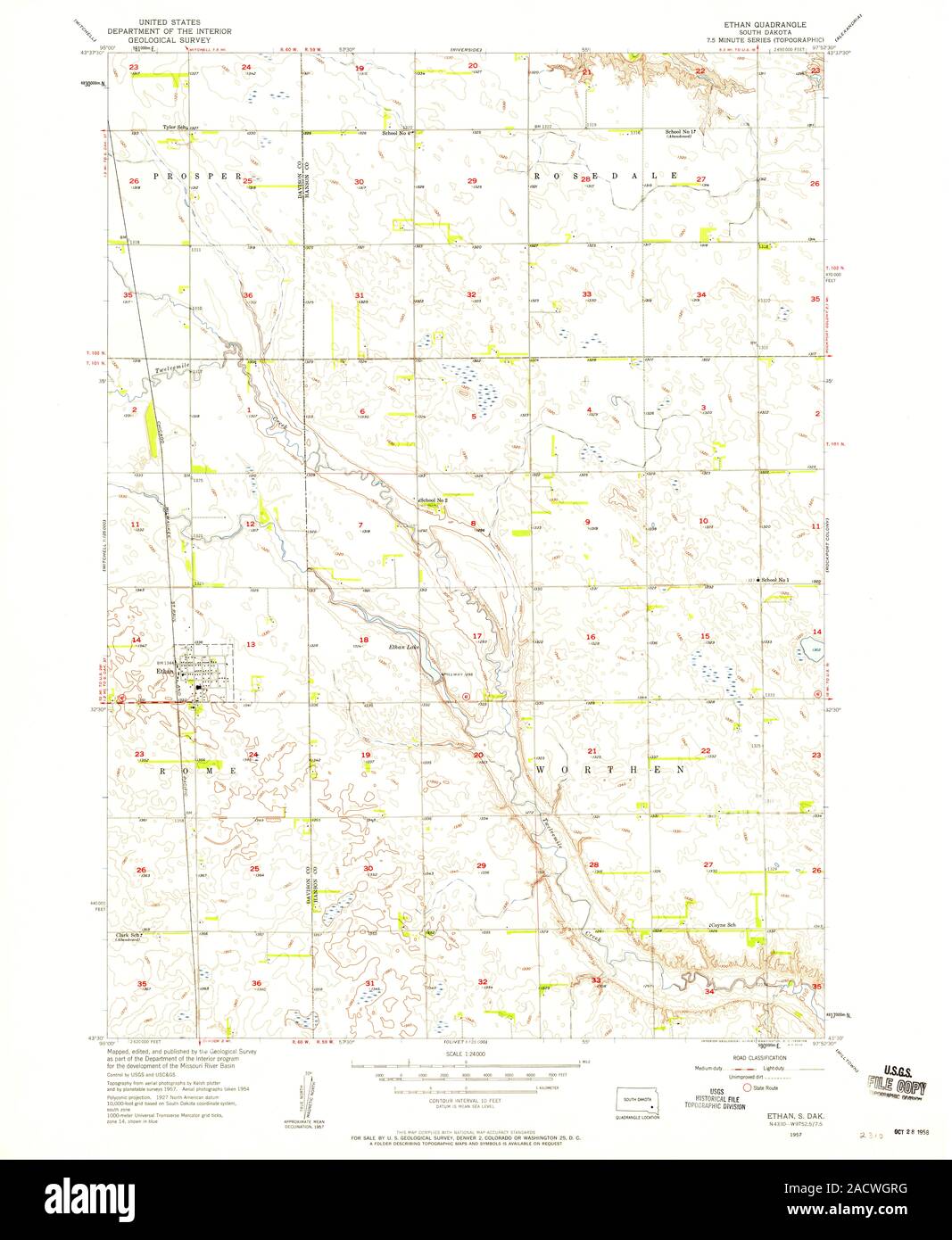 USGS TOPO Map South Dakota SD Ethan 343150 1957 24000 Restoration Stock Photo