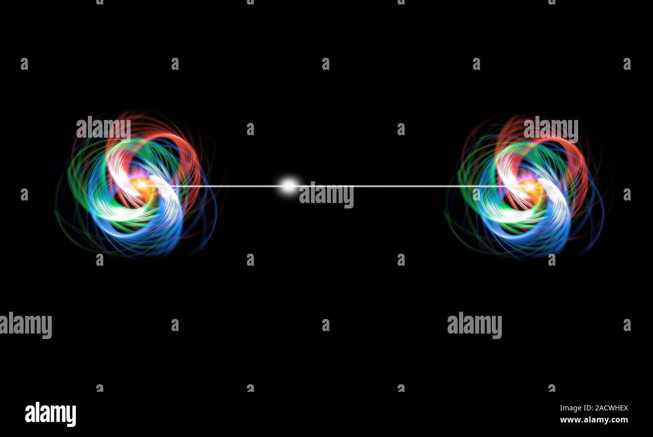 Quantum entanglement. Conceptual artwork of a pair of entangled quantum ...