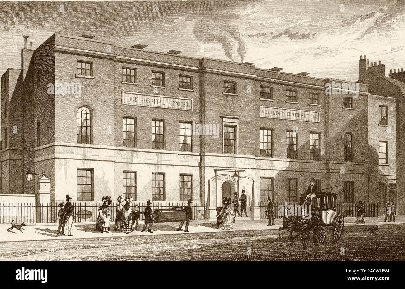 First venereal disease clinic. Artwork of the London Lock Hospital at Hyde Park Corner. This was the first hospital dedicated to the treatment of vene Stock Photo