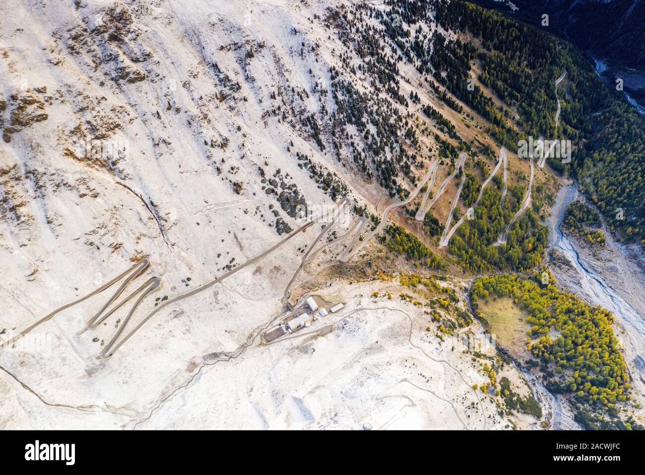 Details of narrow bends of the Stelvio Pass mountain road, aerial view, Bolzano province, South Tyrol side, Italy Stock Photo
