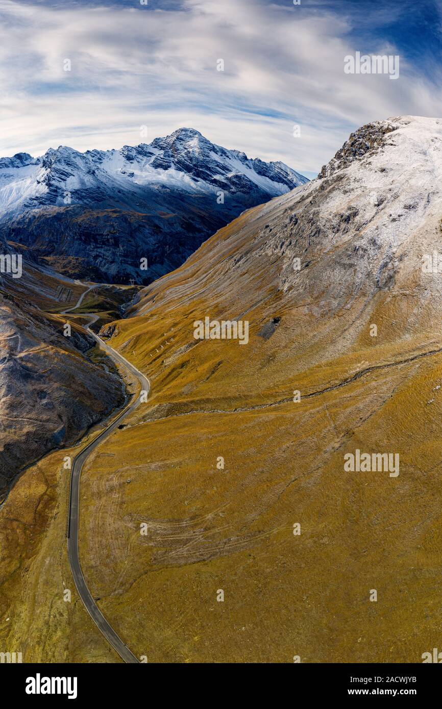 Aerial panoramic of Cresta di Reit in autumn, Braulio Valley, Bormio, Sondrio province, Valtellina, Lombardy, Italy Stock Photo