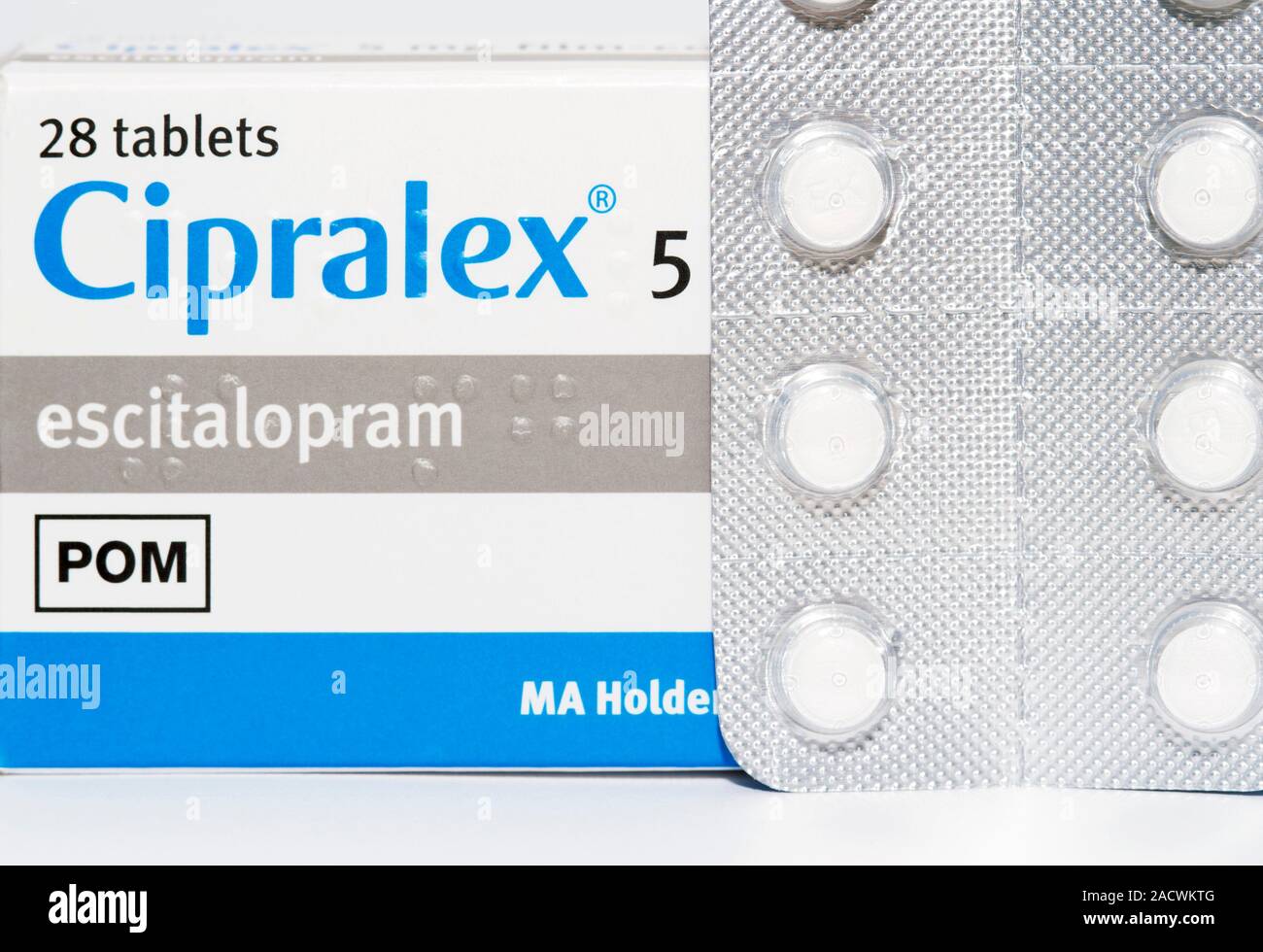 Cipralex antidepressant drug. Box and blister pack containing tablets of  escitalopram, marketed under the name Cipralex. Escitalopram is an  antidepres Stock Photo - Alamy