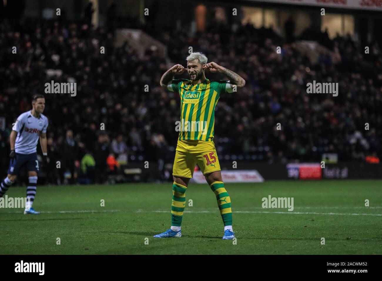 2nd December 2019, Deepdale, Preston, England; Sky Bet Championship, Preston North End v West Bromwich Albion : Charlie Austin (15) of West Bromwich Albion  celebrates scoring a penalty to make it 0-1 Credit: Mark Cosgrove/News Images Stock Photo