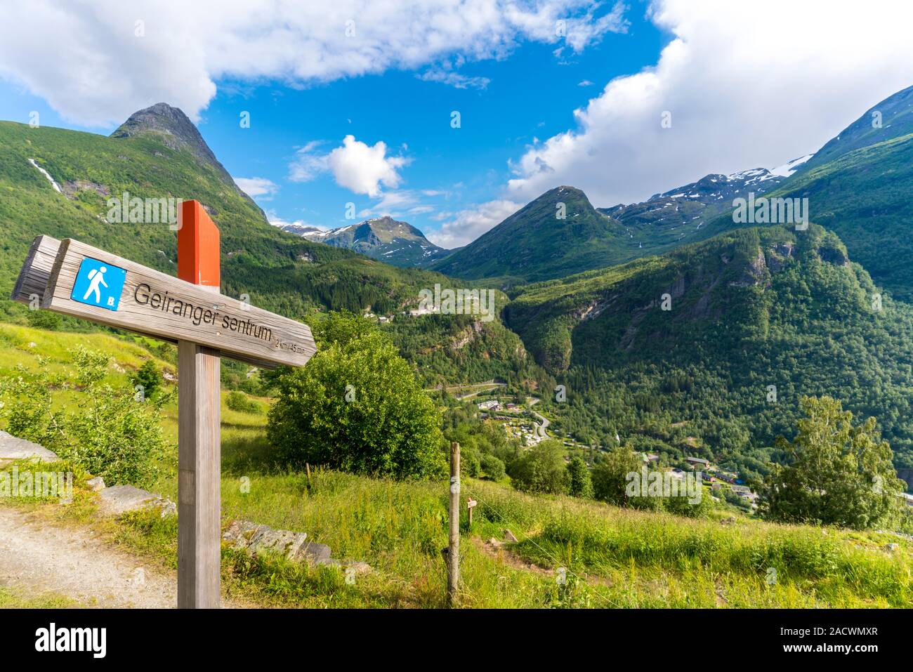 Signage of hiking trails towards the village of Geiranger, Stranda municipality,  Sunnmore region,  More og Romsdal, Norway Stock Photo