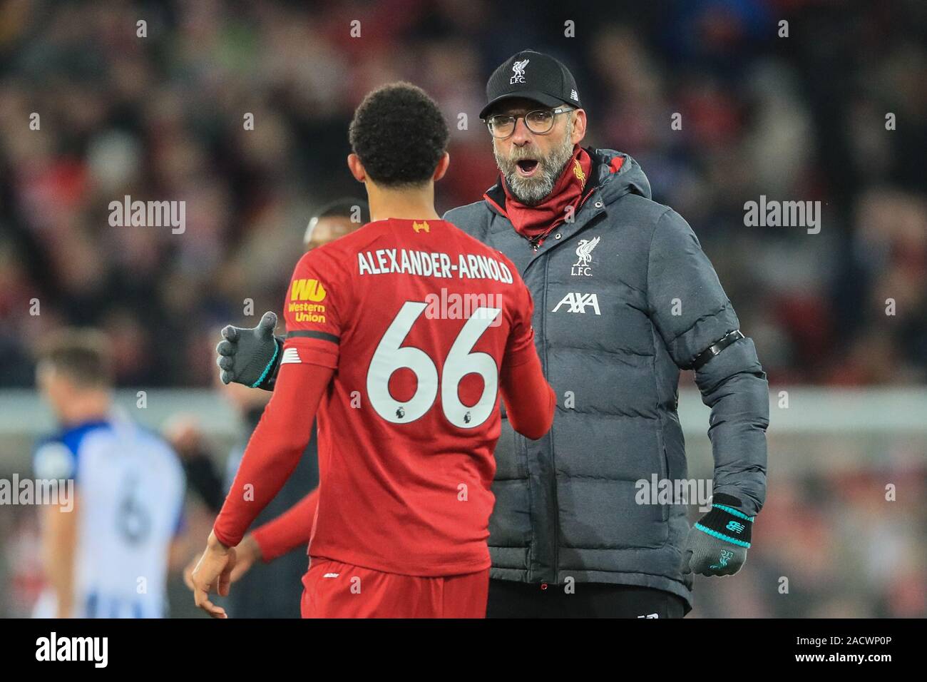 30th November 19 Anfield Liverpool England Premier League Liverpool V Brighton And Hove Albion Jurgen Klopp Manager Of Liverpool And Trent Alexander Arnold 66 Of Liverpool Celebrate Liverpools 2 1 Win Credit Mark