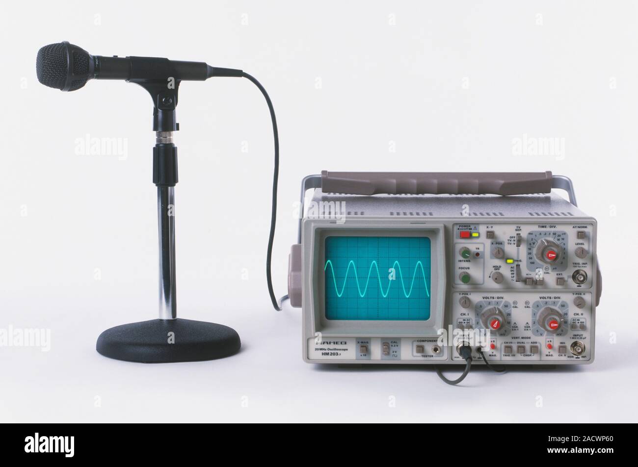 Microphone connected to Oscilloscope. Stock Photo