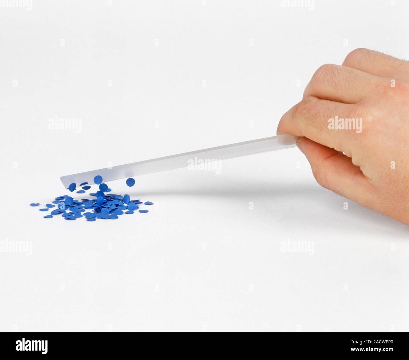 Picking up pieces of paper with electrically charged plastic ruler