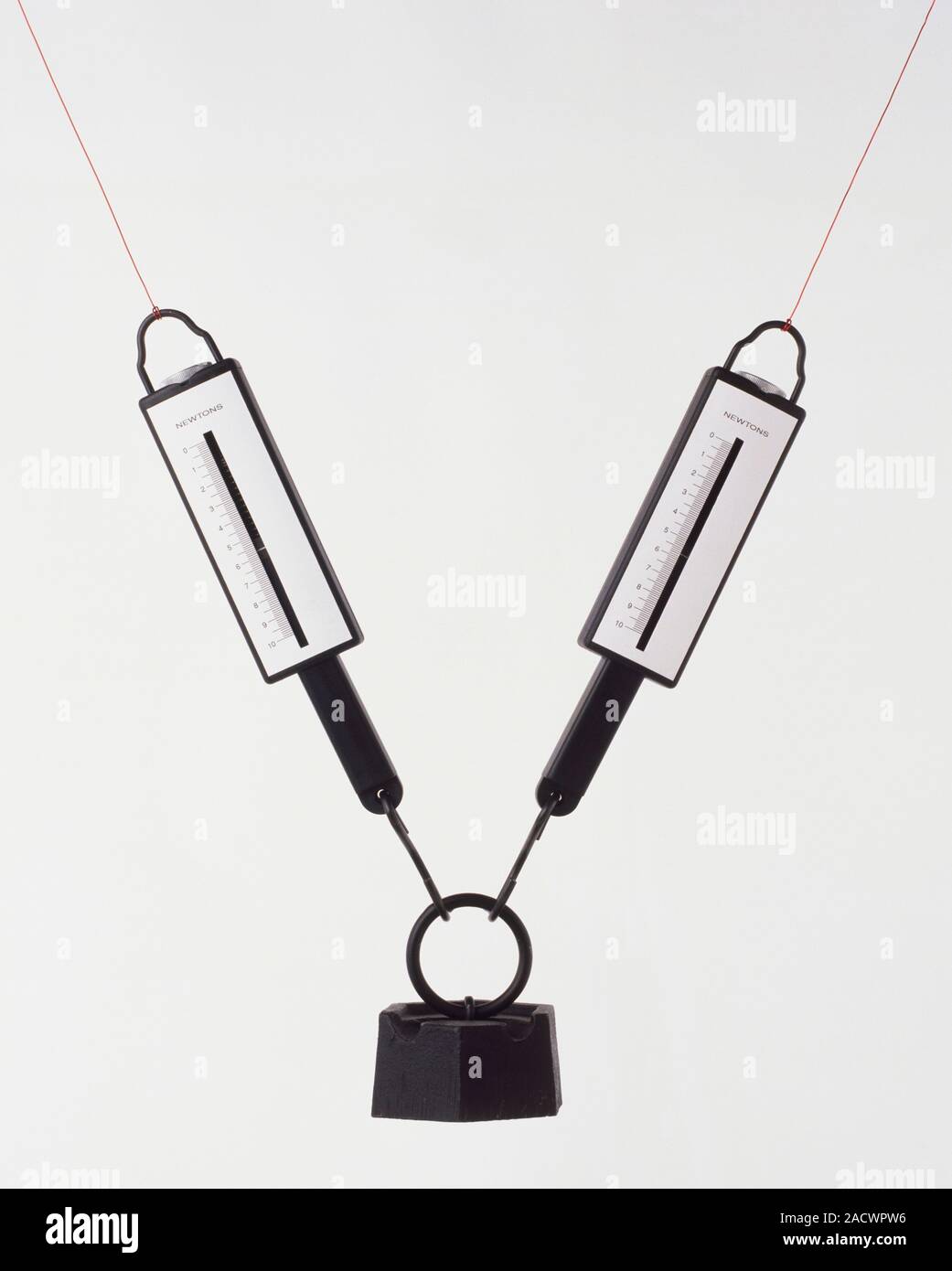 Newton meters held at an angle with 1 kg weight showing resultant force