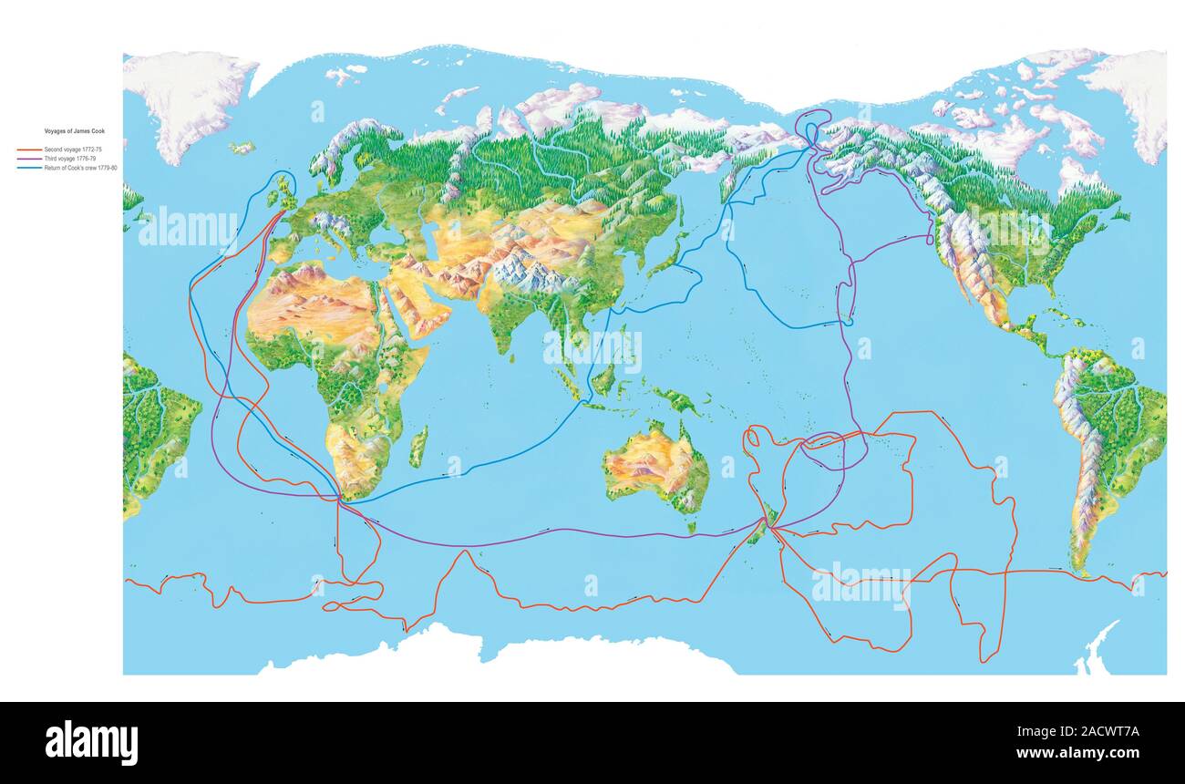 Voyages Of James Cook 18th Century Map Of The World Showing The   Voyages Of James Cook 18th Century Map Of The World Showing The Routes And Dates Of The Second And Third Voyages Of British Explorer Captain James C 2ACWT7A 