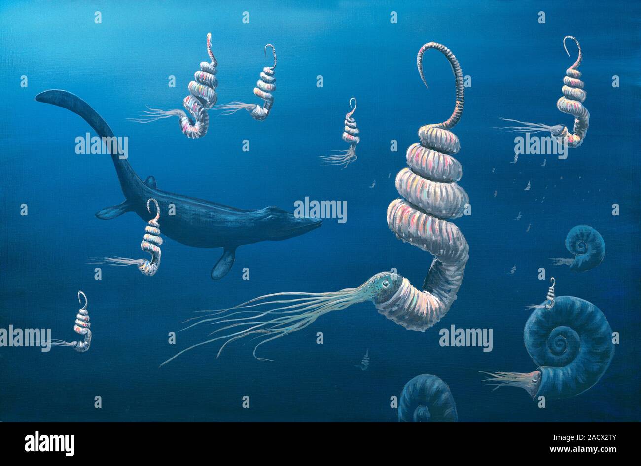 Cretaceous sea. Artwork of a marine environment during the Upper ...