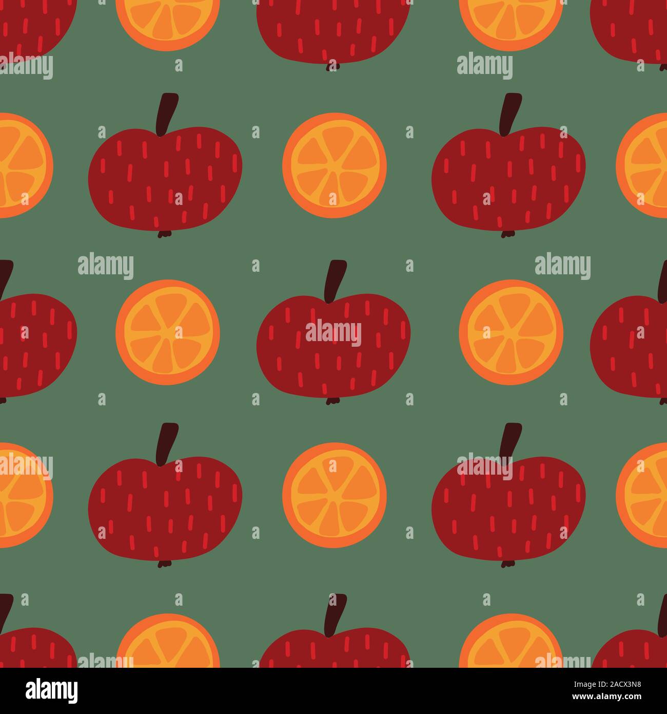 Apples and oranges seamless vector pattern. Hand drawn fruit ...