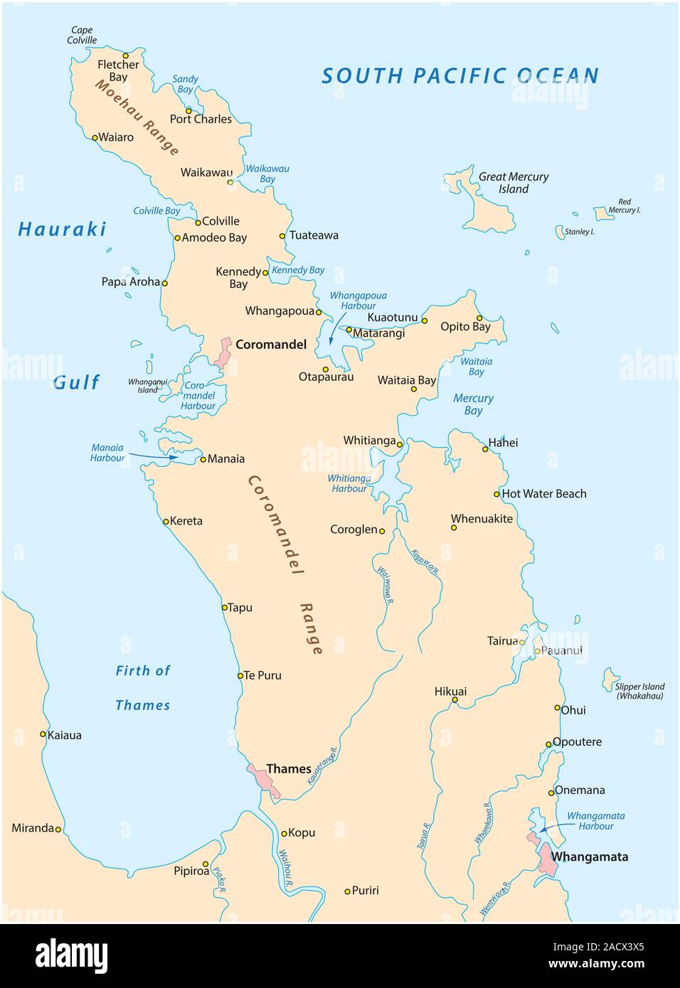 overview map of the New Zealand coromandel peninsula Stock Vector