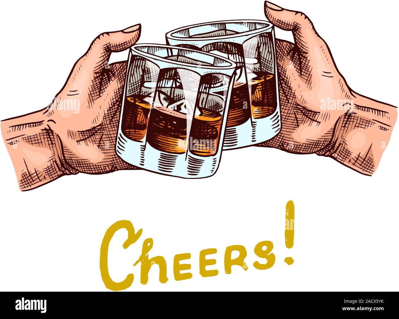 Cheers toast. A glass of whiskey in the hands. Vintage American badge