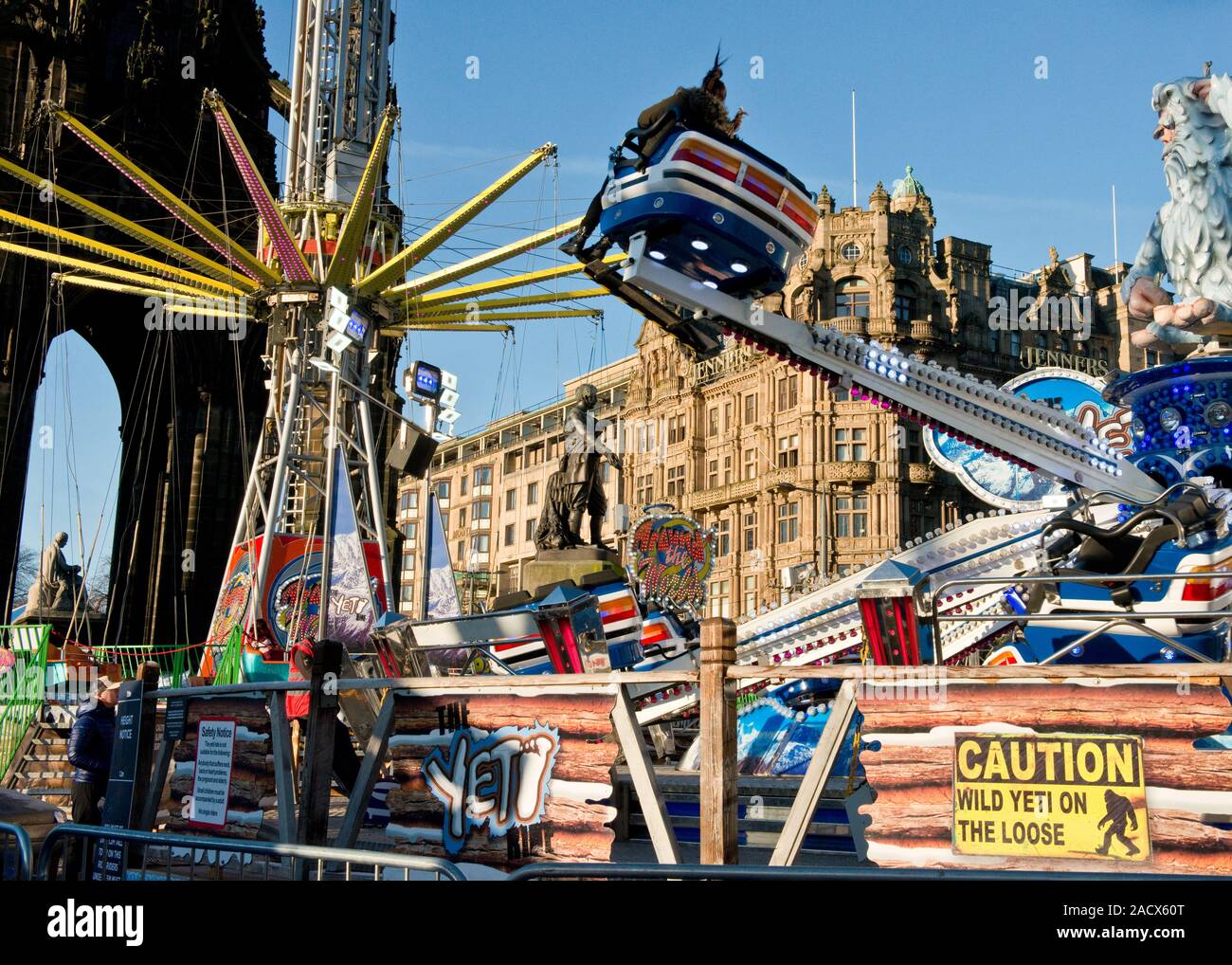 Yeti and Star Flyer fairground rides. Edinburgh Christmas Market and