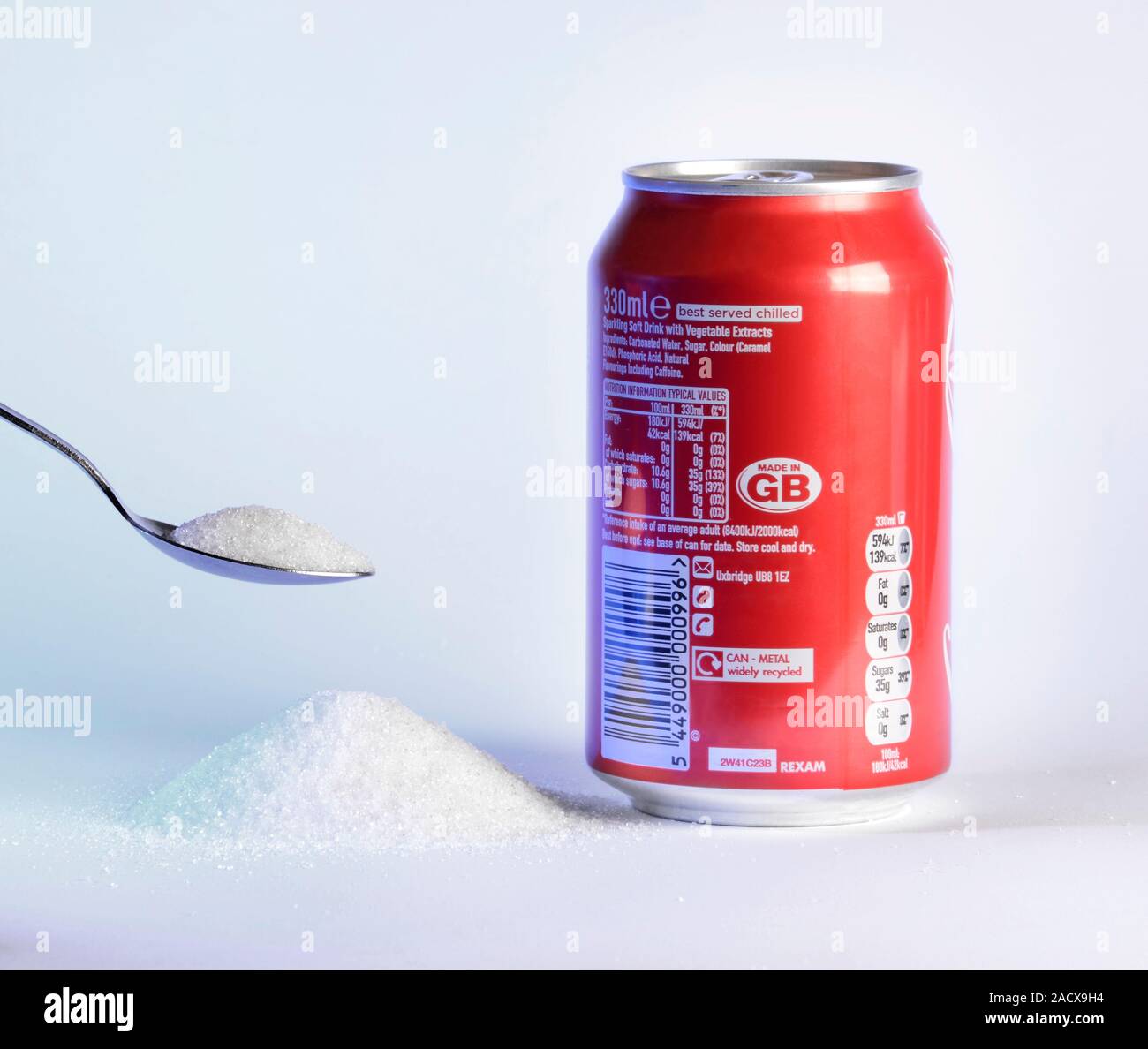 A teaspoon of sugar with a 330ml can of carbonated cola flavoured drink