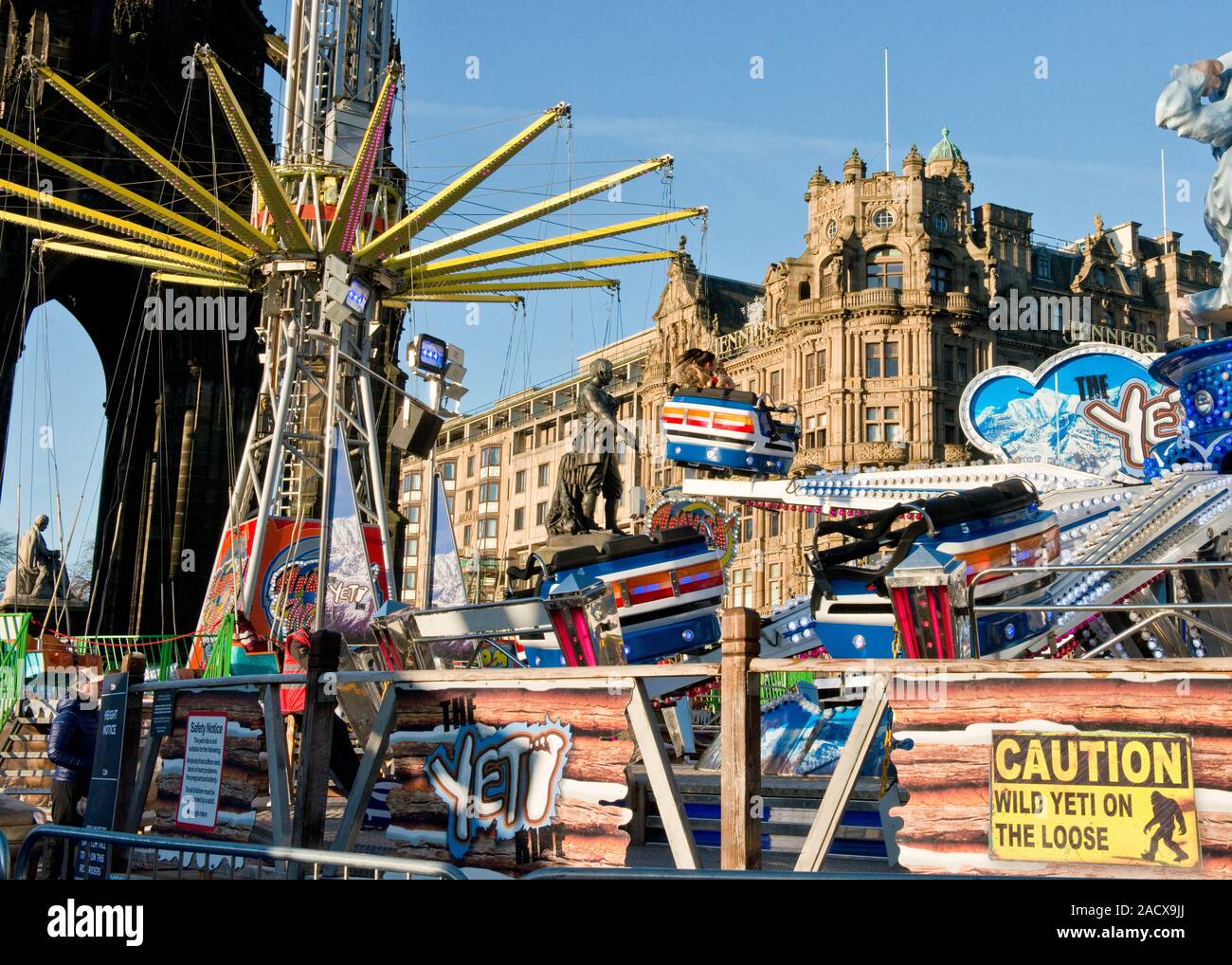 Yeti and Star Flyer fairground rides. Edinburgh Christmas Market and
