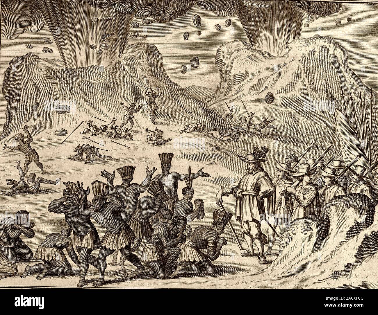 Popocatepetl and aztec conquest 17th centry artwork of soldiers led by