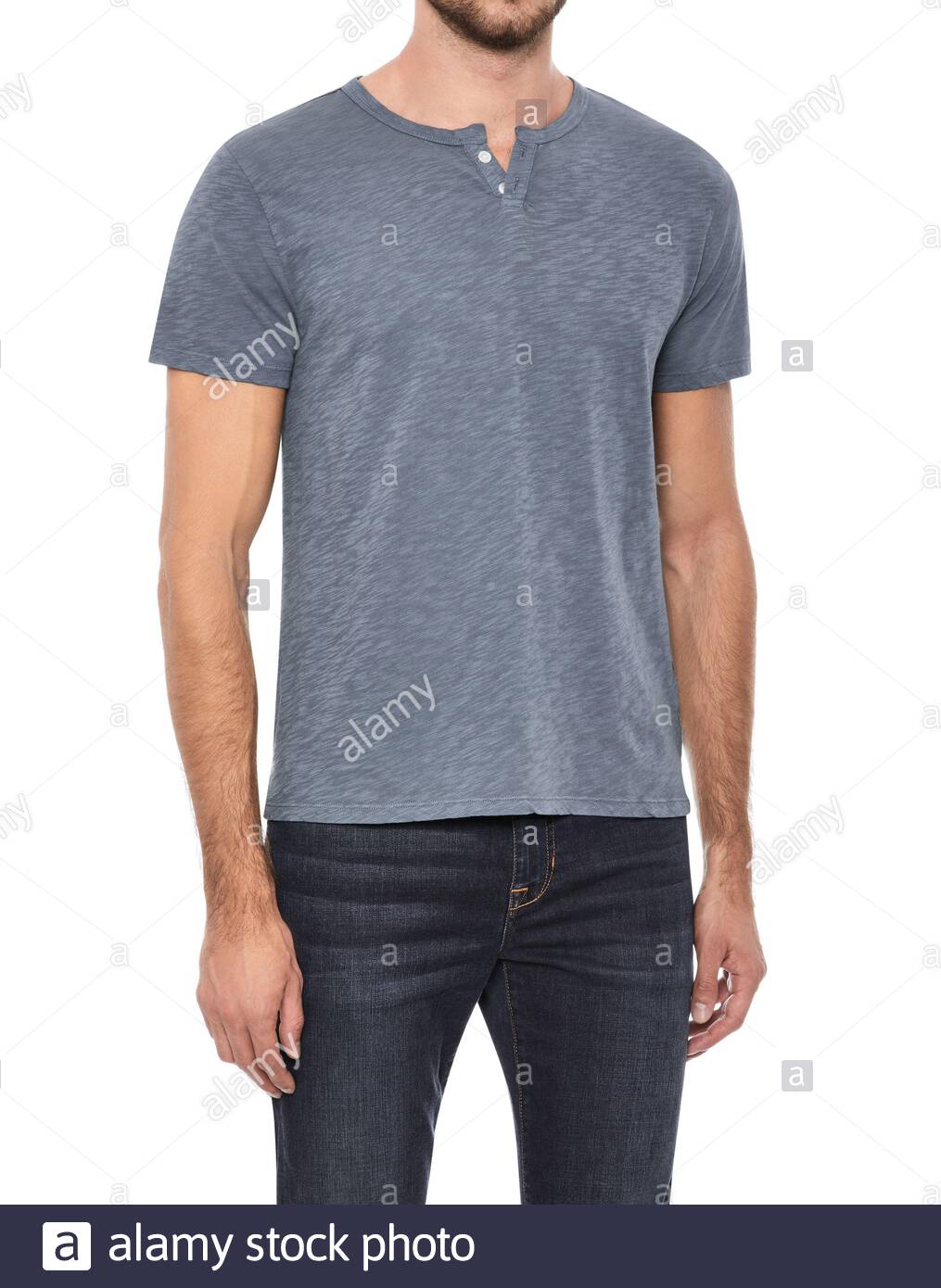 grey shirt with dark blue jeans