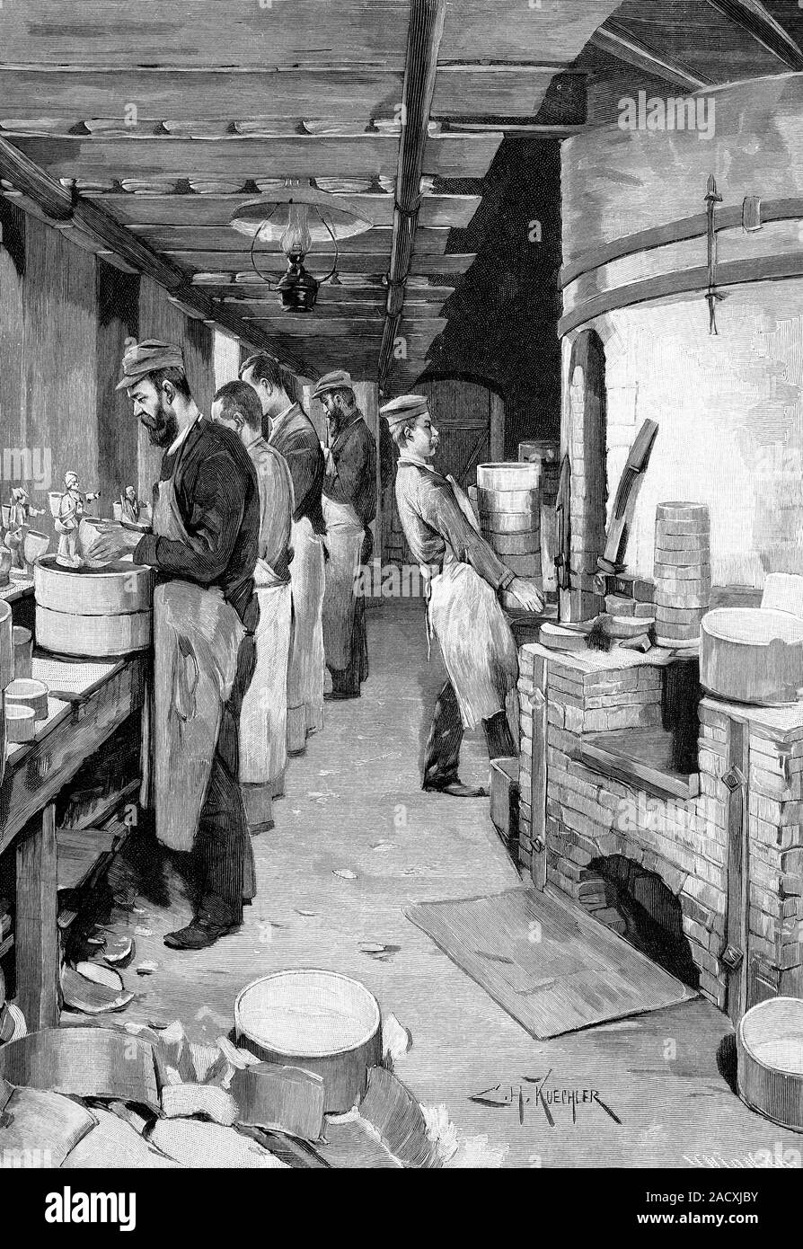 Porcelain factory, engraving. Porcelain figures being loaded into the
