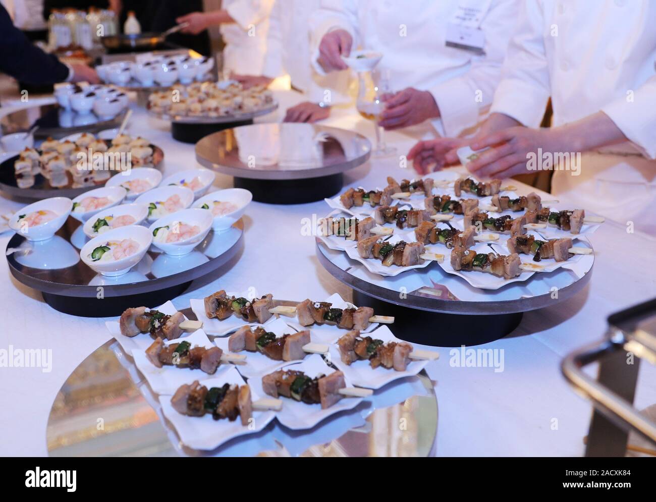 Paris, France. 2nd Dec, 2019. Snack dishes are presented by a South Korean  restaurant at the unveiling ceremony of LA LISTE 2020 world restaurant  ranking at the French Ministry of Foreign Affairs