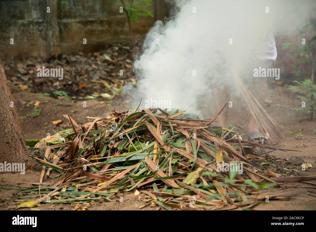 Burning garbage. grass and leaves burns in the garden. Smoke from