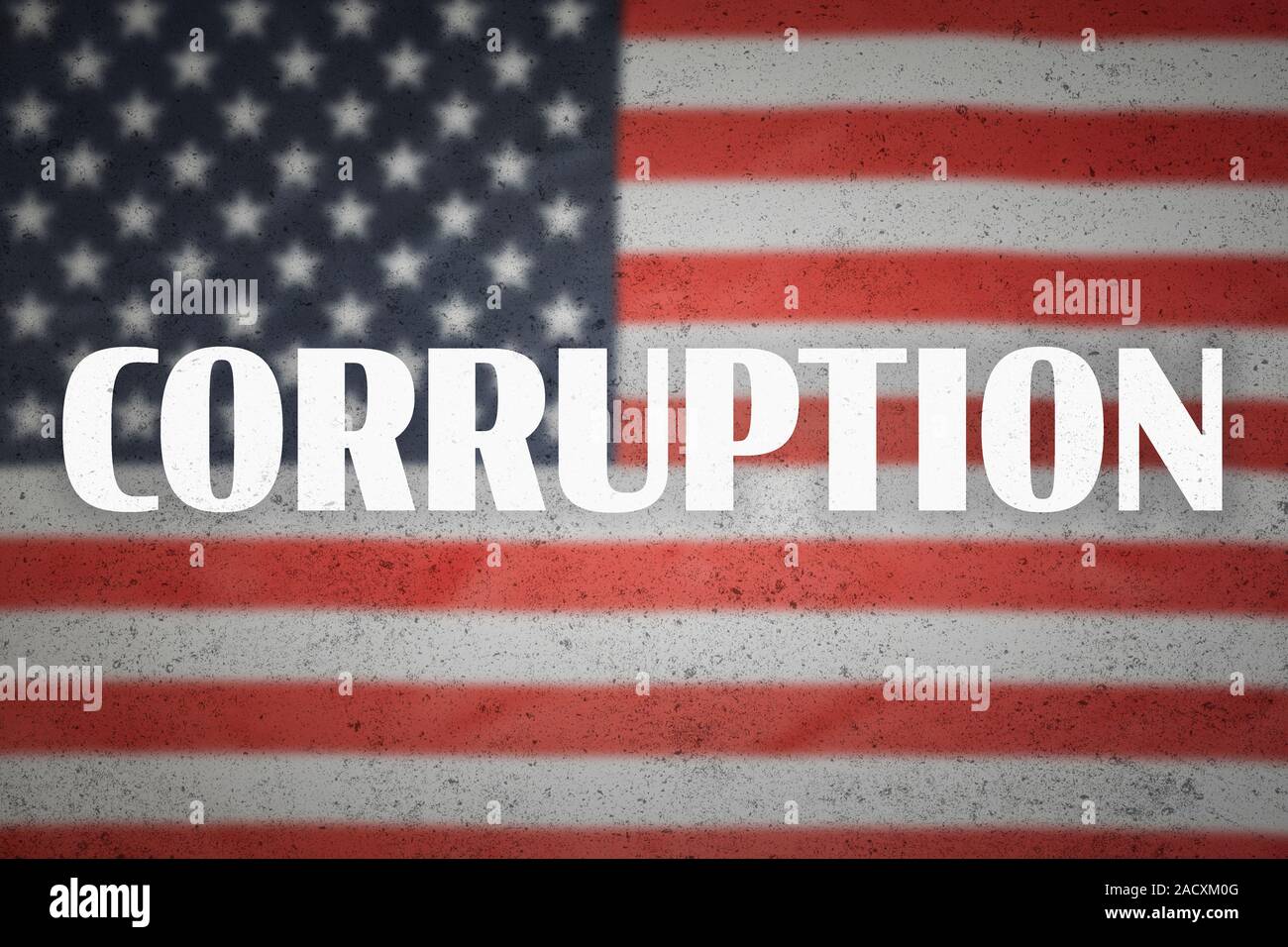Word "Corruption" on the American flag background. Bribery and