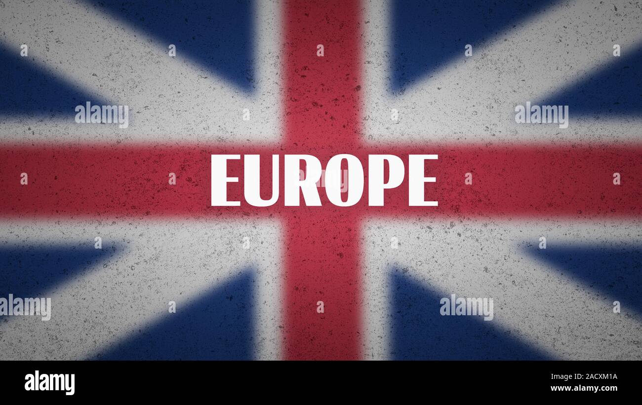 UK politics poster - the word 'europe' on blurred Union Jack flag. The illustration for british geopolitical, governmental and brexit associated topic Stock Photo