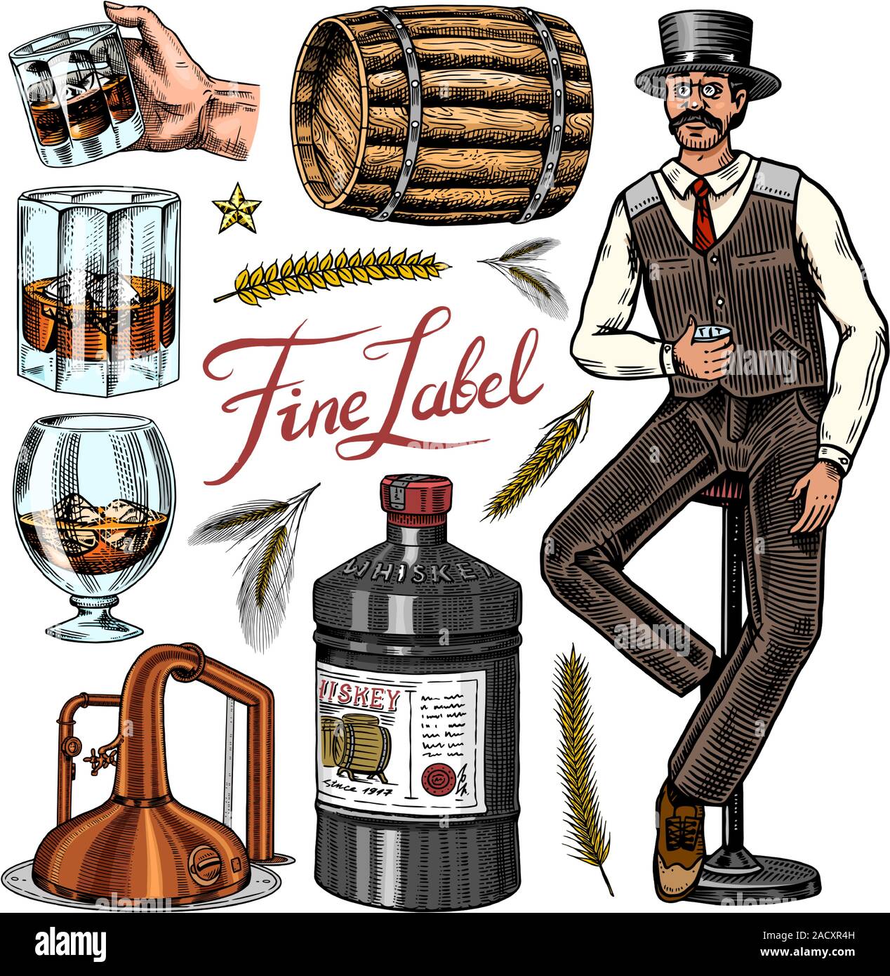 Vintage Whiskey set. Wooden barrel, scotch and bourbon, wheat and rye, Glass bottle, Victorian man, cheers toast. Strong Alcohol drink. Hand drawn Stock Vector