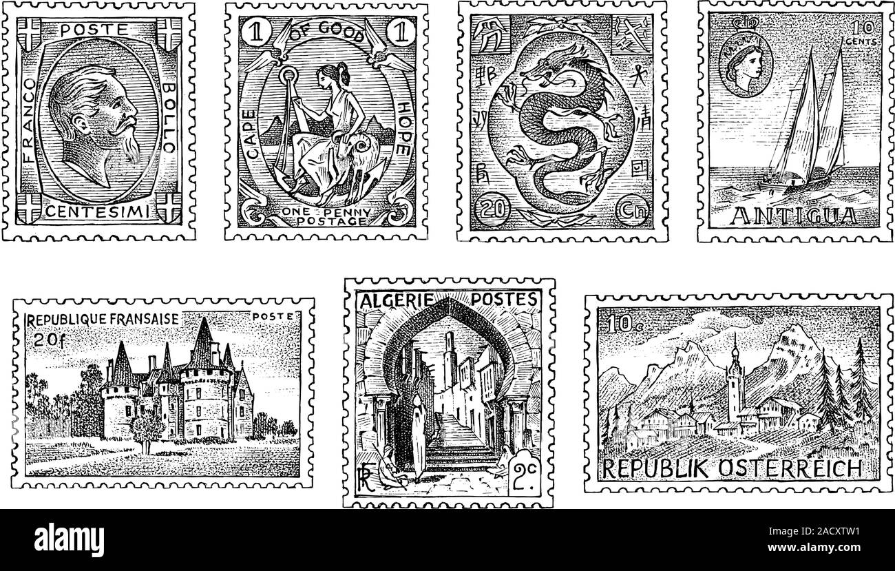 Vintage Postage stamps set. Ancient landscapes, dragon and sailing ship. Retro old Sketch. Monochrome Postcard. Hand drawn engraved retro mark, frames Stock Vector
