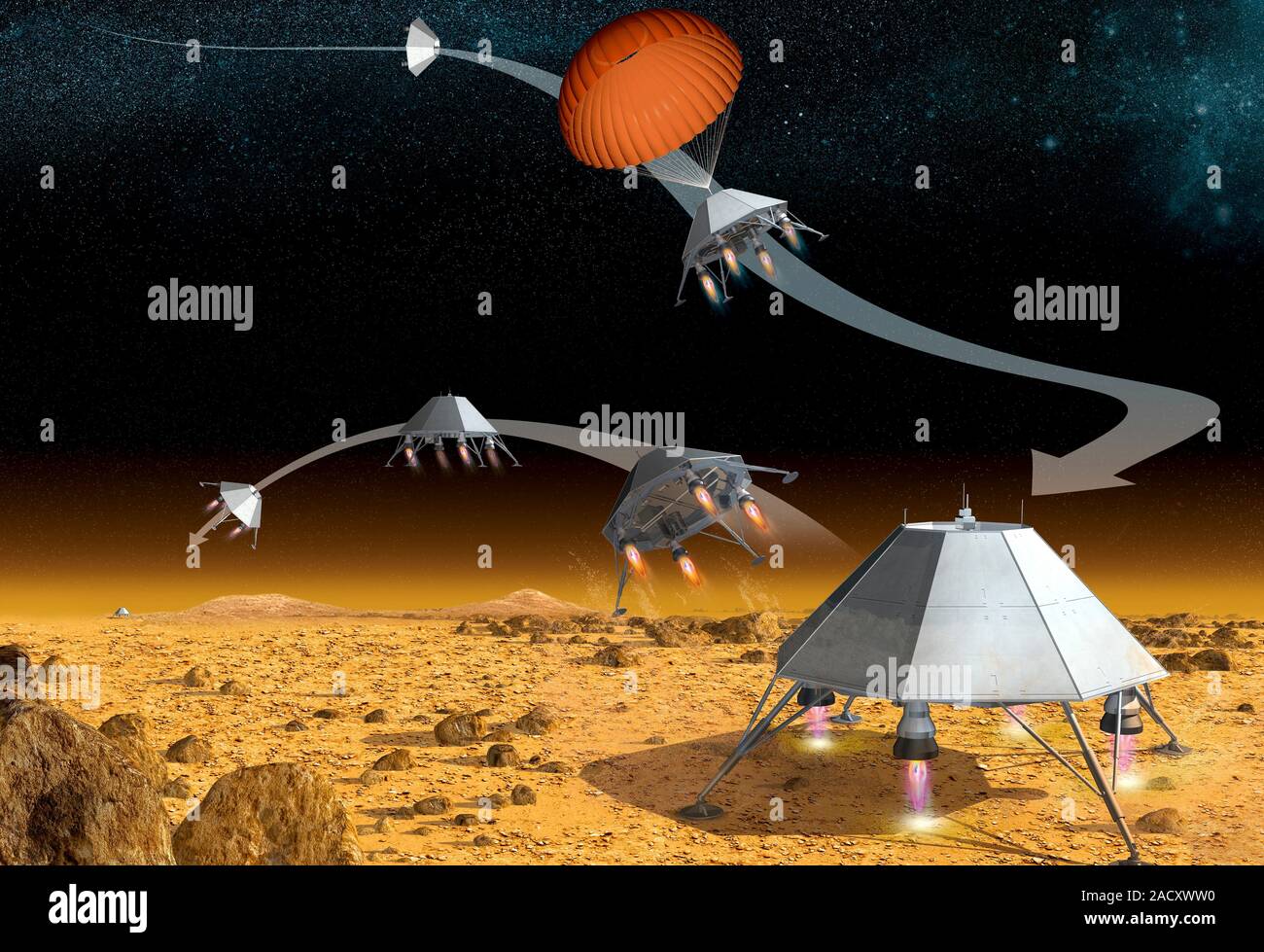 Mars hopper spacecraft. Artwork of the landing and hopping phases of a